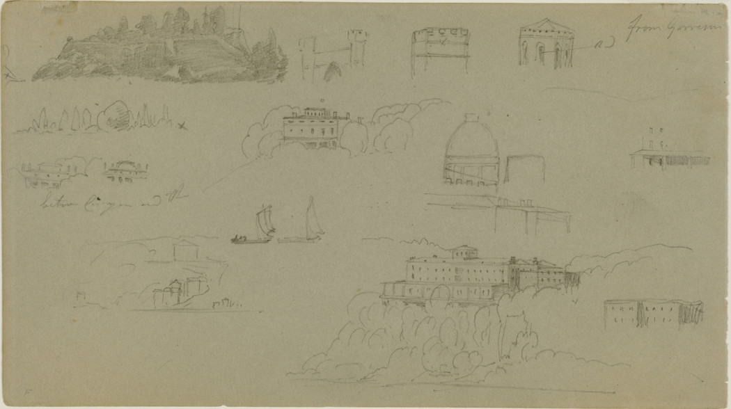A series of architectural and hilltop pencil sketches on one piece of paper.