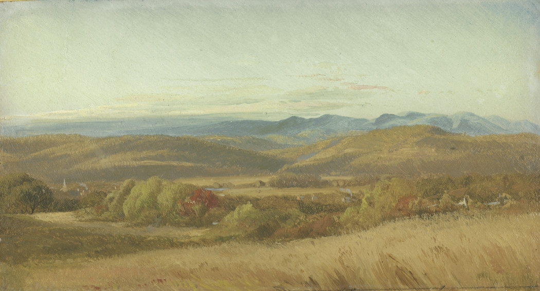 A painting of a valley with a mountain range in the background.