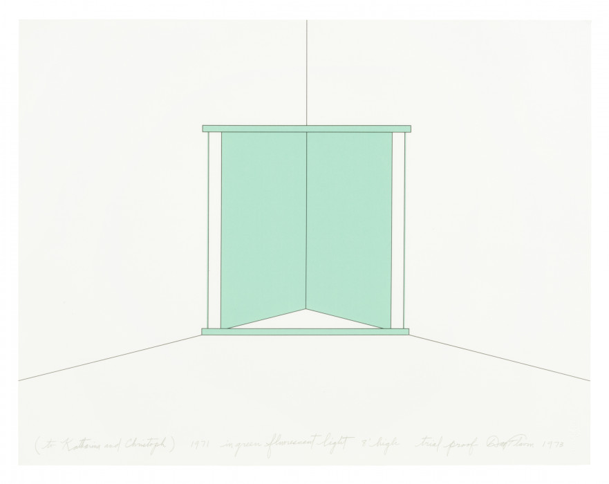 A rendering of a square, green fluorescent light installation situated in a corner. Cursive andwriting at the bottom of the rendering reads 