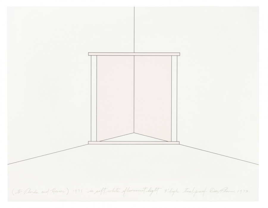 A rendering of a square, light pink fluorescent light installation situated in a corner. Cursive andwriting at the bottom of the rendering reads 