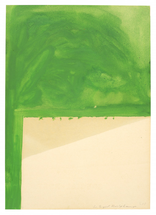 A rectangle of bare beige paper is left exposed while the rest of the paper is painted green.