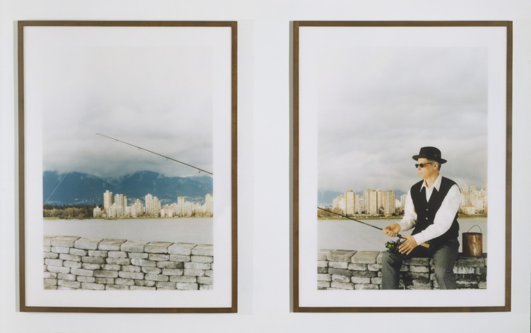 Two framed vertical photographs, the right of a man in a hat and sunglasses fishing on a a river in front of a city scape, with the backround and fishing pole extending into the photo on the left.