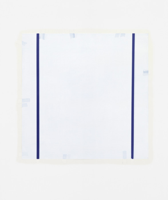 Square white painting featuring a thin blue vertical bar painted from top to bottom near the left and right sides and small light blue rectangles arranged sporadically along the edges. A beige varnish outline surrounds the entire painting.