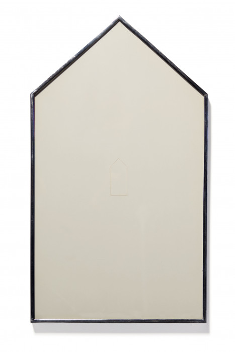 Framed, off-white sheet of paper shaped as an elongated pentagon with a smaller elongated pentagon drawn near the center.