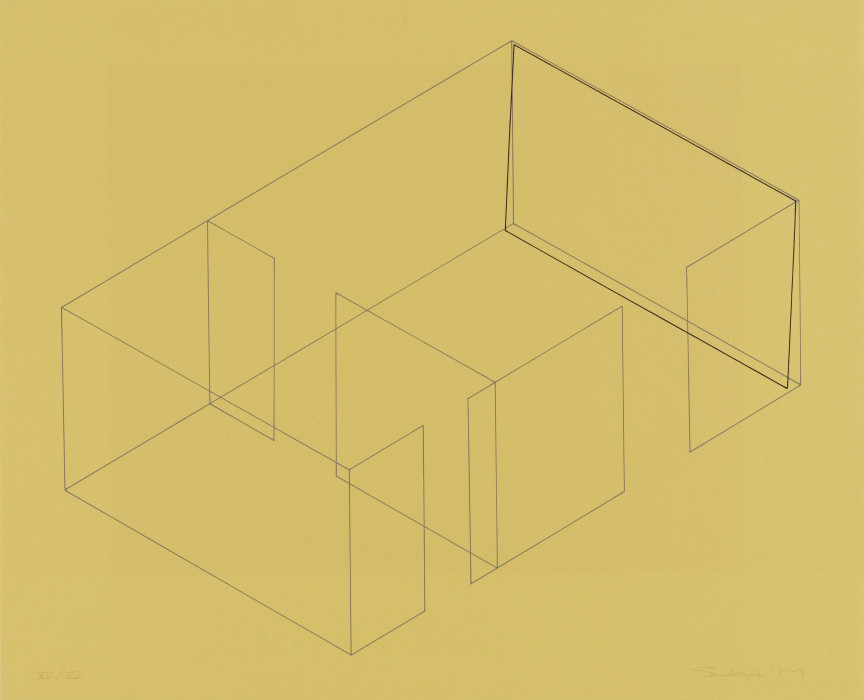 A gray line drawing of an aerial view of an architectural space is placed diagonally on a yellow background. A black rectangle is slightly offset from the rightmost 