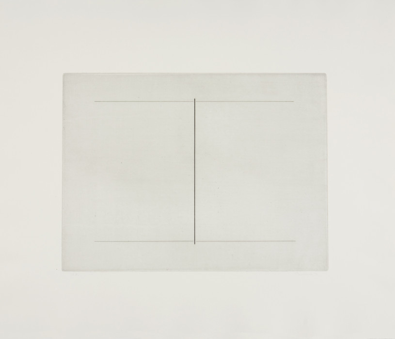 A line drawing on a gray background is framed by a larger gray sheet of paper. Two horizontal lines are connected by a centrally placed vertical line.