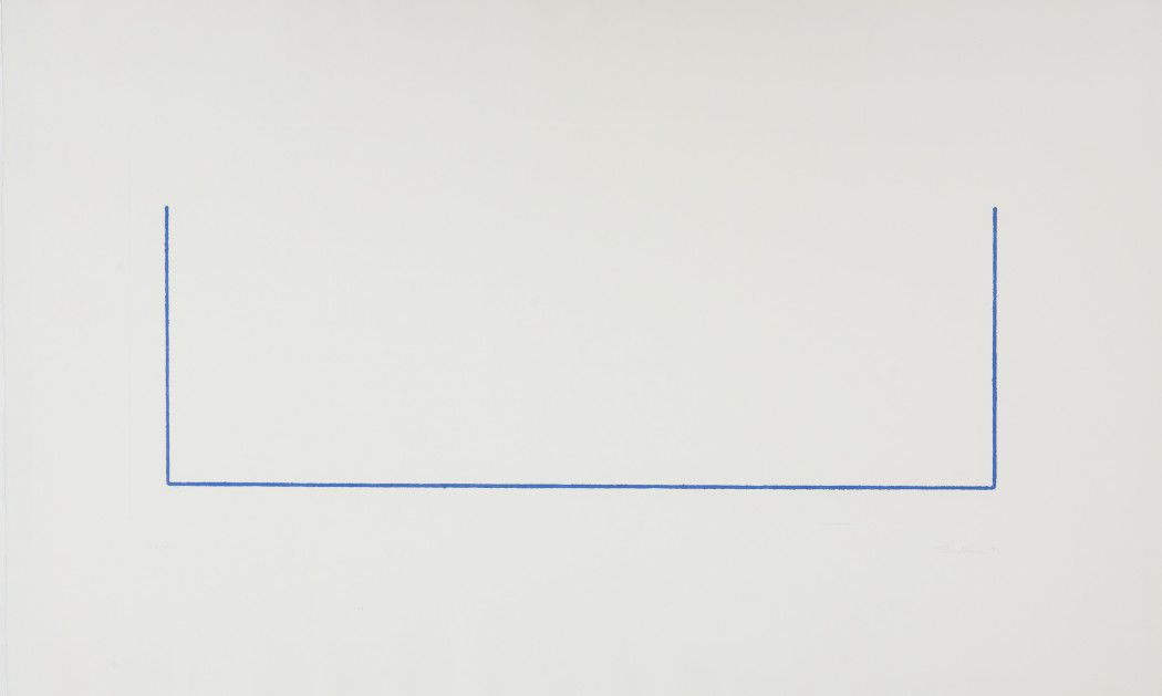 An off-white rectangle includes a centrally located, goal-post-shaped, blue line that consumes most of the rectangle.