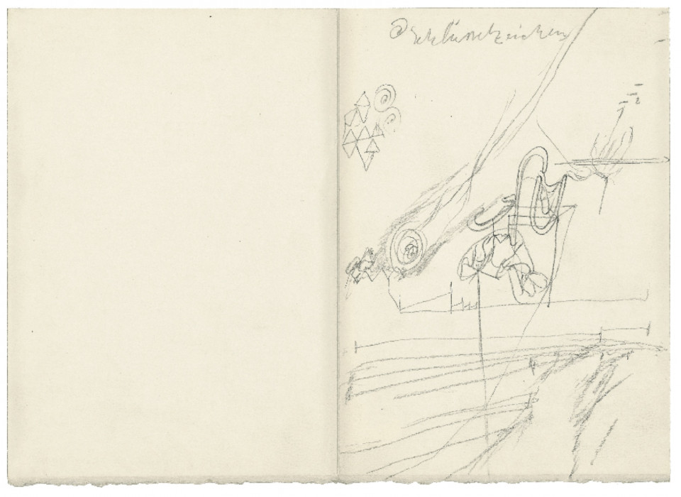 A horizontally oriented page with a line drawn down the center, and a scribbled drawing done on the right side in pencil.