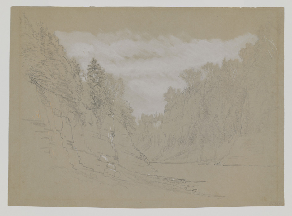 Drawing on beige paper of a river gorge with trees atop either side and white partially filling in the sky .