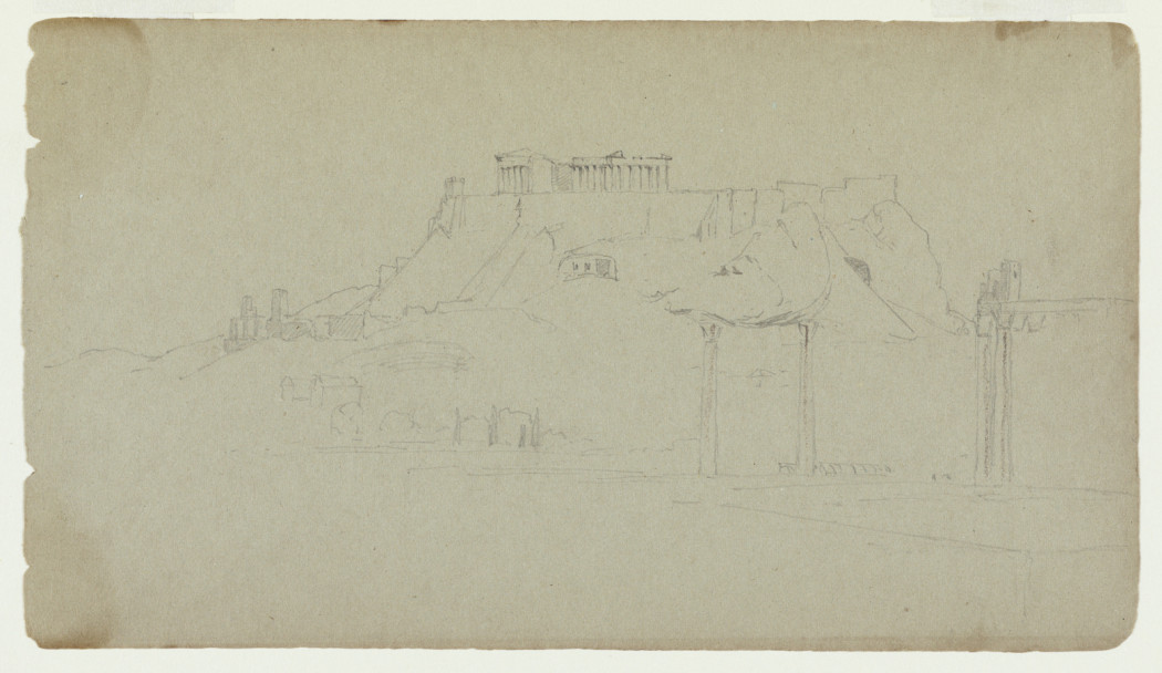 A pencil sketch of an acropolis on a hill top in faint lines with no shading.