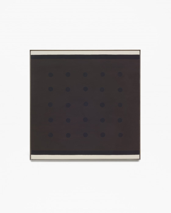Square, framed painting with horizontal, white bands along top and bottom, next to black bands, framing a brown center square with twenty-five evenly spaced black dots.