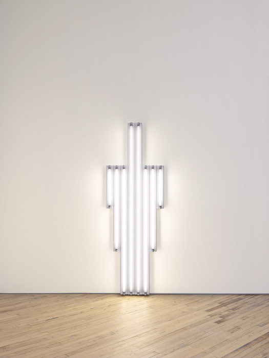 Eight fluorescent white tubes installed vertically against a wall with the two tallest in the middle and three increasingly smaller tubes flanking them on each side.
