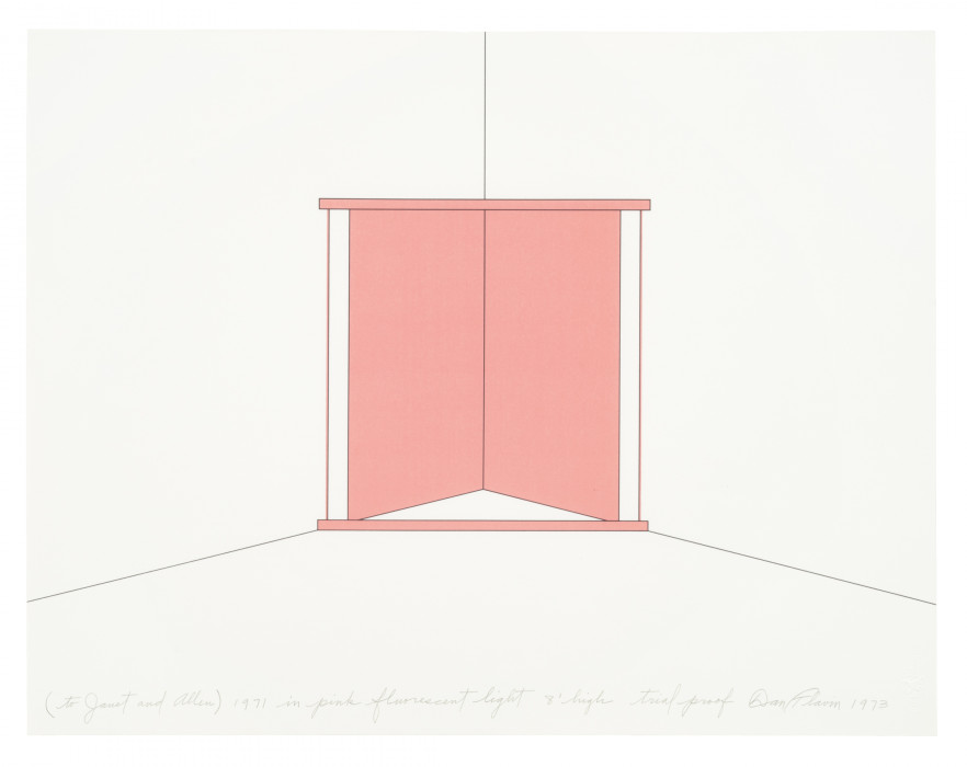 A  rendering of a square, pink fluorescent light installation situated in a corner. Cursive handwriting at the bottom of the rendering reads 