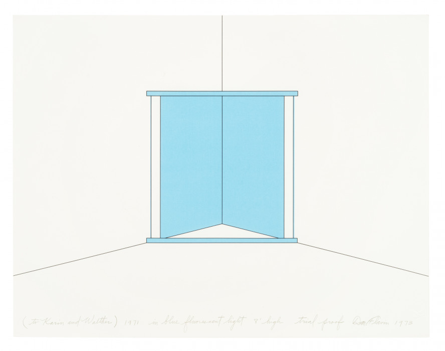 A rendering of a square, cyan fluorescent light installation situated in a corner. Cursive andwriting at the bottom of the rendering reads 
