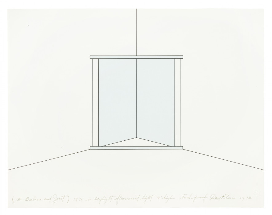 A rendering of a square, light blue fluorescent light installation situated in a corner. Cursive andwriting at the bottom of the rendering reads 