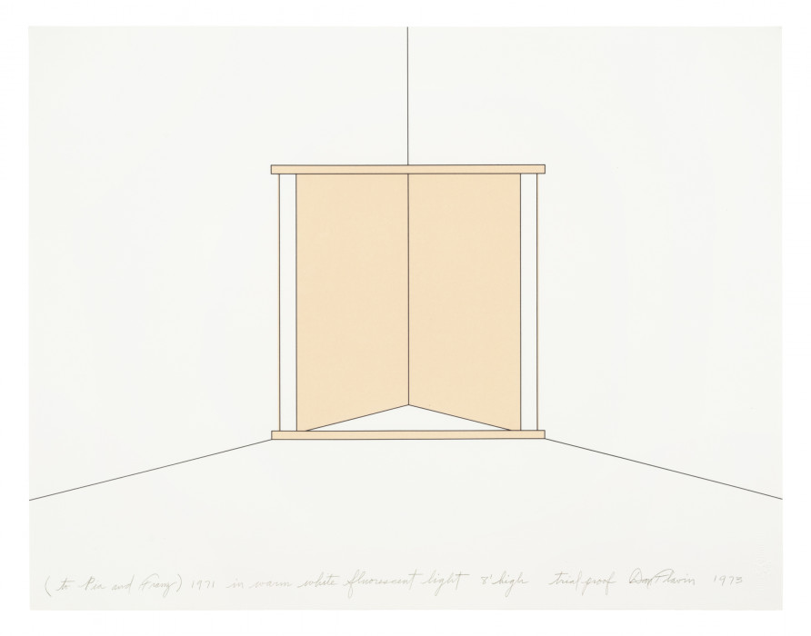A rendering of a square, light orange fluorescent light installation situated in a corner. Cursive andwriting at the bottom of the rendering reads 