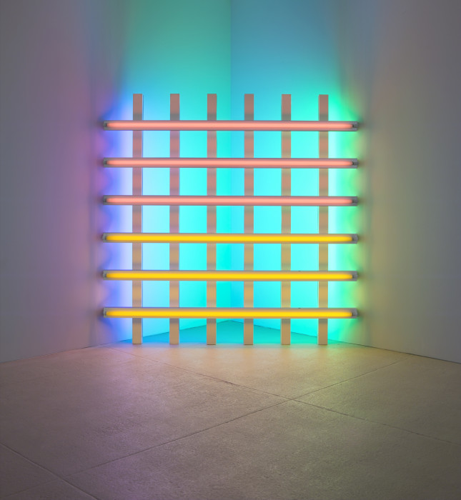 A large grid-like structure made up of fluorescent tubes in primary colors.