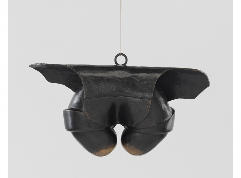 A black structure that resembles an upside-down U-shape with a leather-like overlay is suspended from a wire.