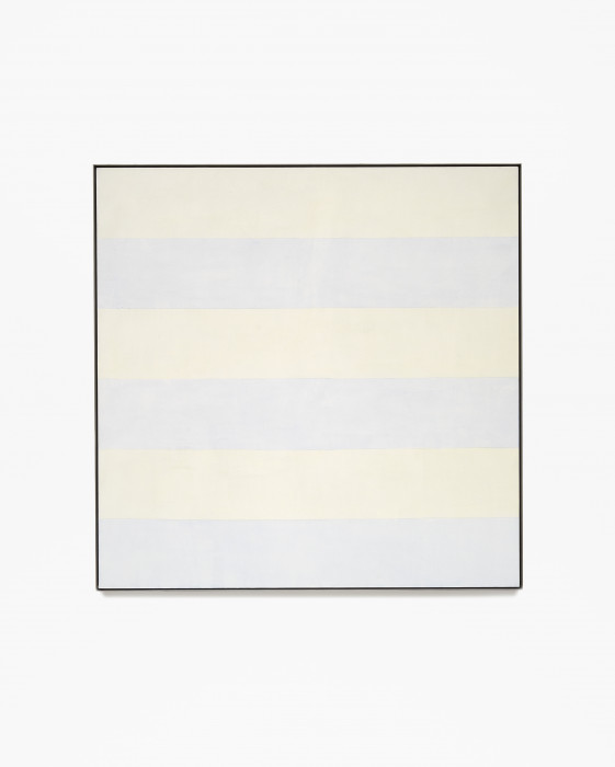 Square, framed painting with six alternating horizontal bands of pale yellow and blue.