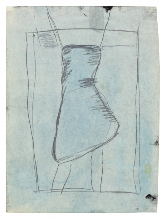 A pencil drawing of a person in a dress against a light blue ground.