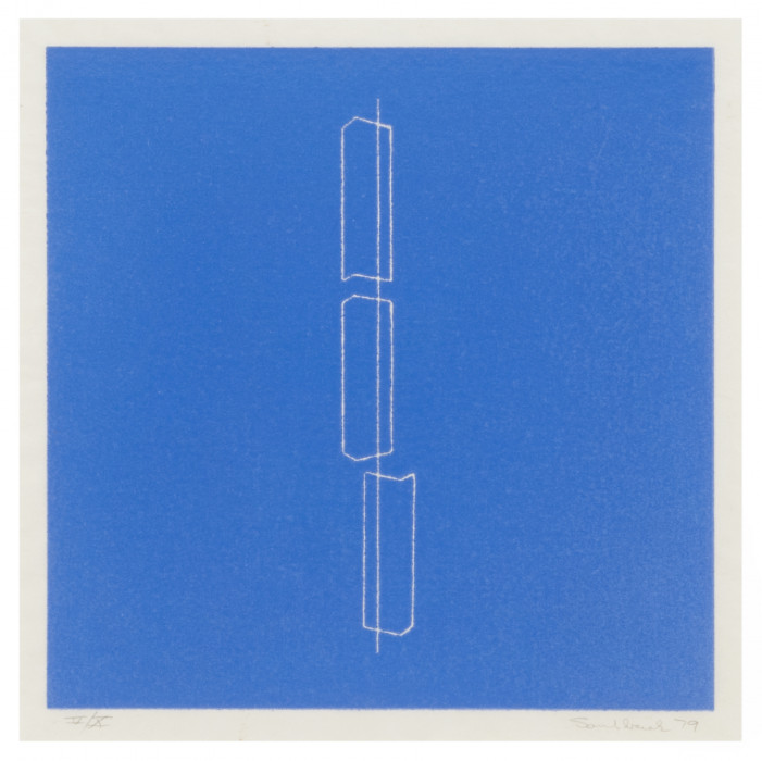 A square print of three portrait-oriented, irregular rectangular forms aligned on a straight vertical line. The bottom form is offset to the right of the top and middle forms. The negative space is ultramarine with a thin border.