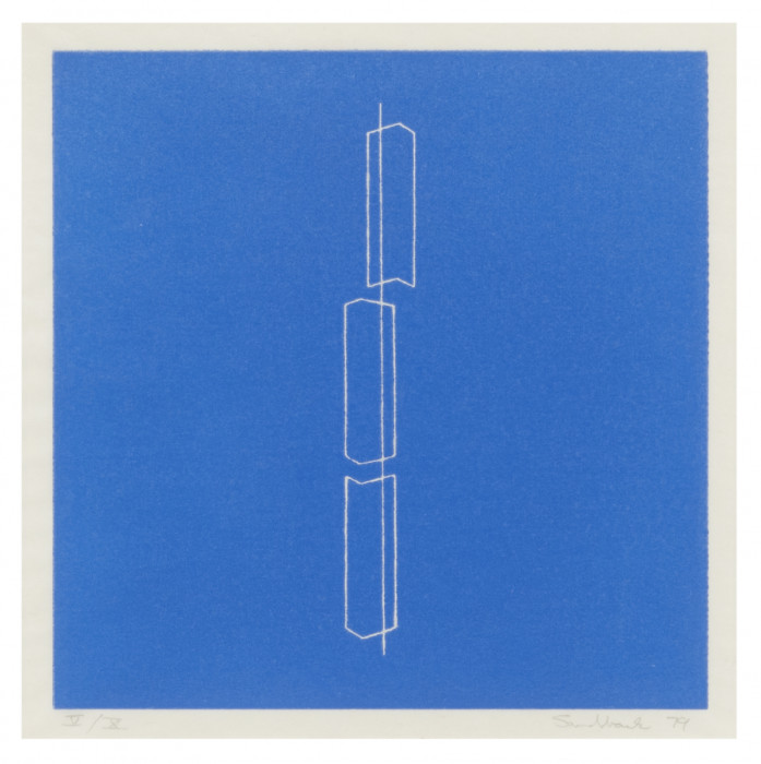 A square print of three portrait-oriented, irregular rectangular forms aligned on a straight vertical line. The top form is offset to the right of the middle and bottom forms. The negative space is ultramarine with a thin border.