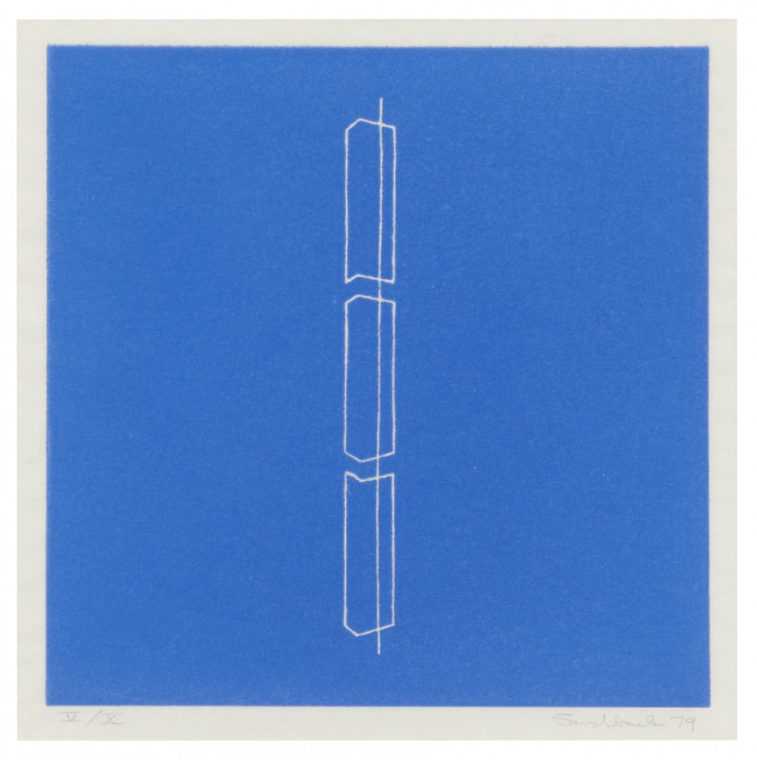 A square print of three portrait-oriented, irregular rectangular forms aligned on a straight vertical line. More area of the forms is offset to the left of the line. The negative space is ultramarine with a thin border.