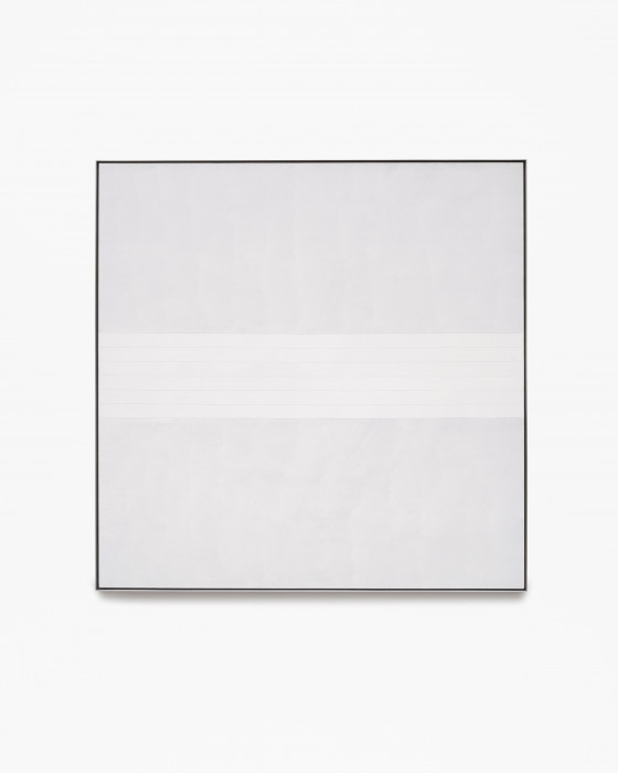 Square, gray, framed painting with six thin, horizontal, white, centered lines.