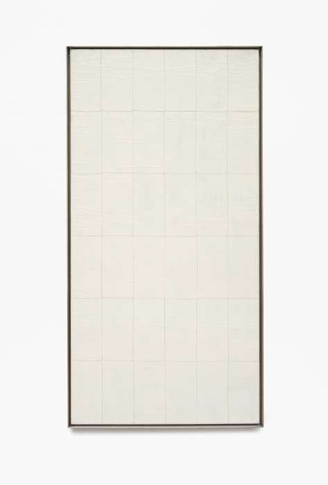 Rectangular, vertical, beige, framed painting with grid of thin, gray lines.