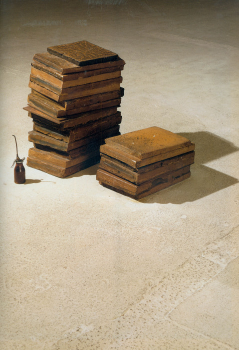 Two stacks of rectangular brown tiles of different heights sit on the ground next to a tiny brown spray bottle with a long, thin spout.