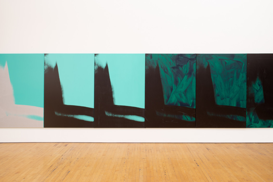 An abstracted and vague shadow form that descends on the left and moves across the bottom of a vertically oriented print, repeated six times here. The three iterations on the left have a smooth aqua background, with the first shadow in white and the other two in black. The three on the right are darker, with visible ink strokes and swipes in green and blue for the backgrounds, all with blurry black shadows.