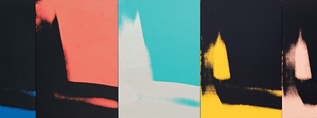 Five iterations of the same vertically oriented print of an abstracted and vague shadow form that descends on the left and moves across the bottom edge, with the two on either end trunkated. Three have a black background with either a yellow, peach, or blue shadow, while one has a coral background with a black shadow, and another has an aqua background with a white shadow.
