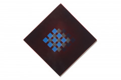 Maroon diamond with central grid of overlaid blue, sparkly silver, and black squares.