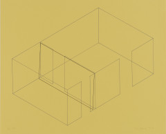 A gray line drawing of an aerial view of an architectural space is placed diagonally on a yellow background. A black rectangle is slightly offset from the middle 