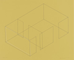 A gray line drawing of an aerial view of an architectural space is placed diagonally on a yellow background. A white rectangle is drawn in relation to the leftmost 