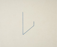 An unevenly drawn, V-shaped, blue line is centrally placed on a rectangular, gray background.