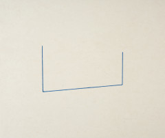 An unevenly drawn, U-shaped, blue line is centrally placed on a rectangular, gray background.