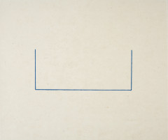 Two short, vertical, blue lines connect at their lowest points by one long, horizontal line on a horizontally oriented, rectangular, tan background with a signature near the lower, right-hand corner.