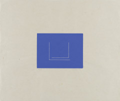 A small, blue rectangle with two L-shaped, tan lines is centrally placed on a horizontally oriented, rectangular, tan background. A faint signature and inscription are visible beneath the blue rectangle.