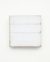 A square tan canvas has three horizontal bands of white paint, the top bands at almost equal size and the bottom band occupying half of the square, and the canvas is visible around the edges of the painting and where the bands meet.