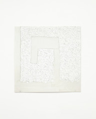 A white square with an angular central spiral hangs on a white wall. Rectangular sections of smooth white paint interrupt rough swathes of brushstrokes.