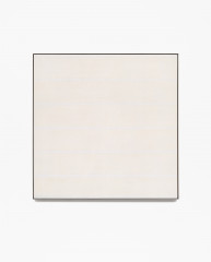 Square, framed painting of thick, horizontal, pale orange bands alternating with thin, bluish-white stripes.