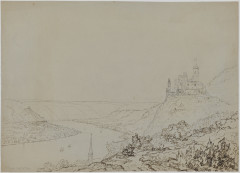 A detailed pencil and ink sketch of a mountainous river valley with architectural forms situated along the riverfront and a castle atop a mountain.