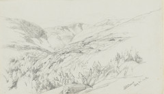 A detailed pencil sketch of a mountainous region with foliage and lettering in the bottom right corner reading 
