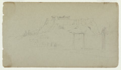 A pencil sketch of an acropolis on a hill top in faint lines with no shading.