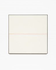 Square, beige, framed painting with horizontal, pale orange and pale blue stripes at center.
