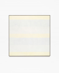 Square, framed painting with seven alternating horizontal bands of pale yellow, blue, and gray.