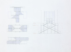 Four renderings illustrate multiple views of a stairwell drawn with blue, black, and orange with type indicating 