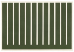 A print of twelve identical, dark green, vertical rectangles attached to a dark green horizontal rectangle. The vertical rectangles are evenly spaced with eleven identical, thin rectangles made of the negative space.