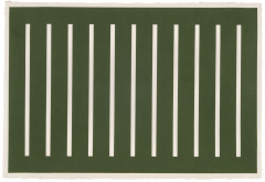 A horizontal dark green rectangle with eleven vertical bars of blank space evenly spaced inside of it.